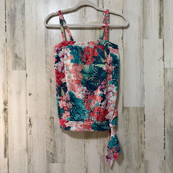 Beach House Pink Green Blue Textured Floral Relaxed Fit Tie Front Bikini Top - Picture 3 of 11